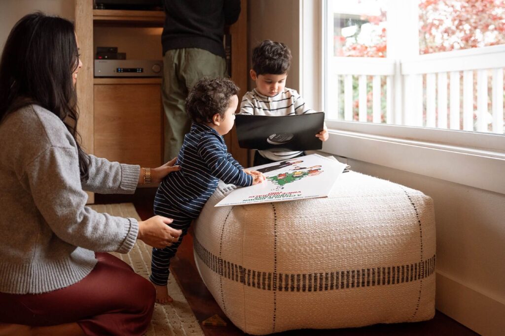 kids playing with records in home photoshoot