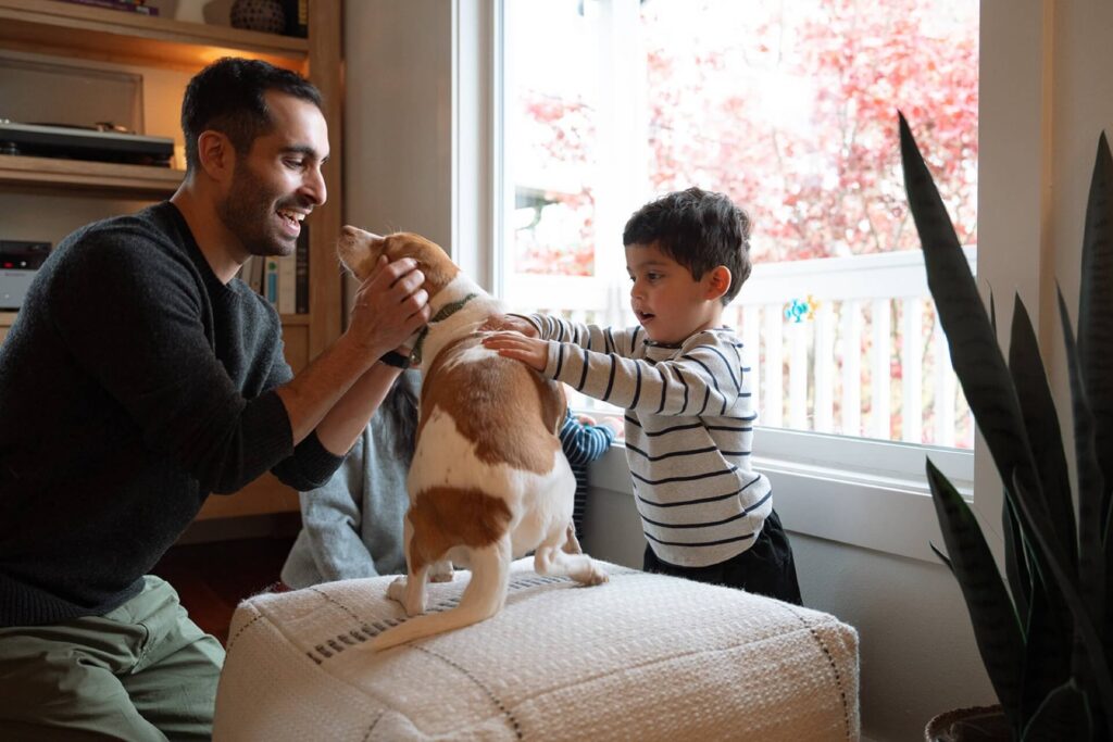 little boy playing with dog at home