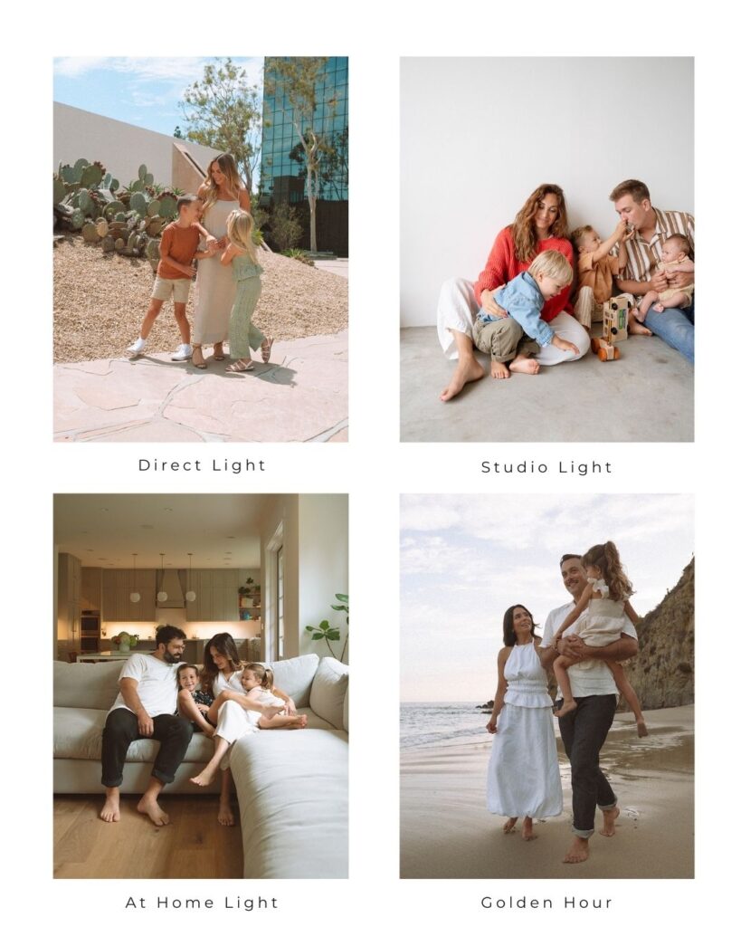 Collage of family photos in four settings: direct sun outdoors, natural light studio, cozy at-home session, and golden hour at Laguna Beach. Consistent editing across different lighting environments.