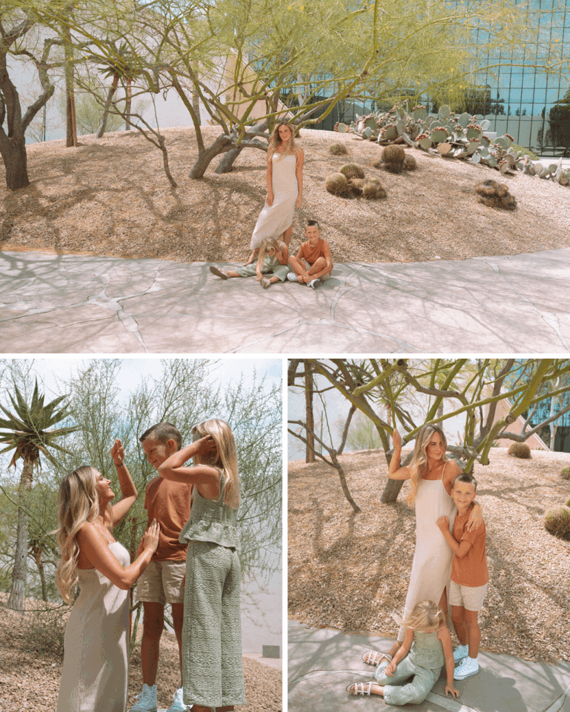 Mother and two children sharing laughter in front of desert cactus landscaping at Noguchi Garden in Costa Mesa.