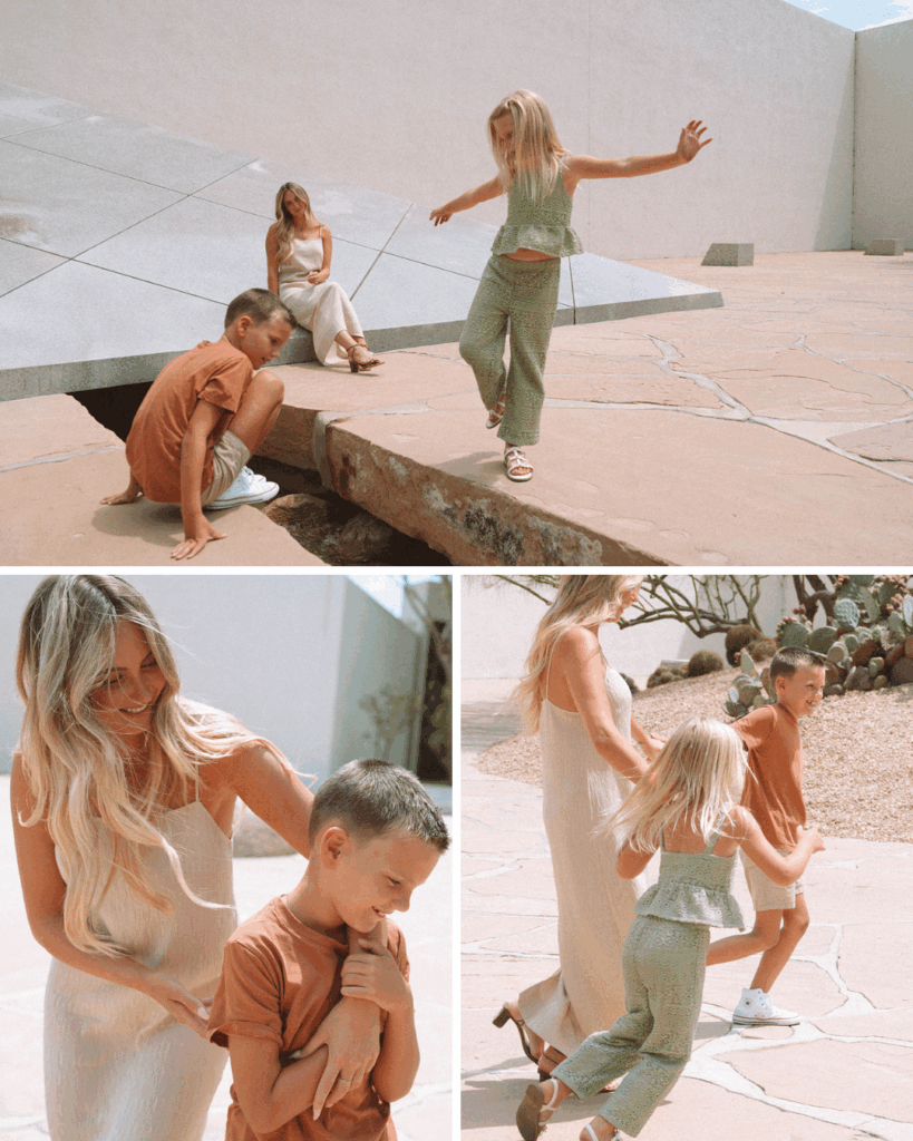 Children balancing and playing while their mother watches during a family session at Noguchi Garden in Costa Mesa.