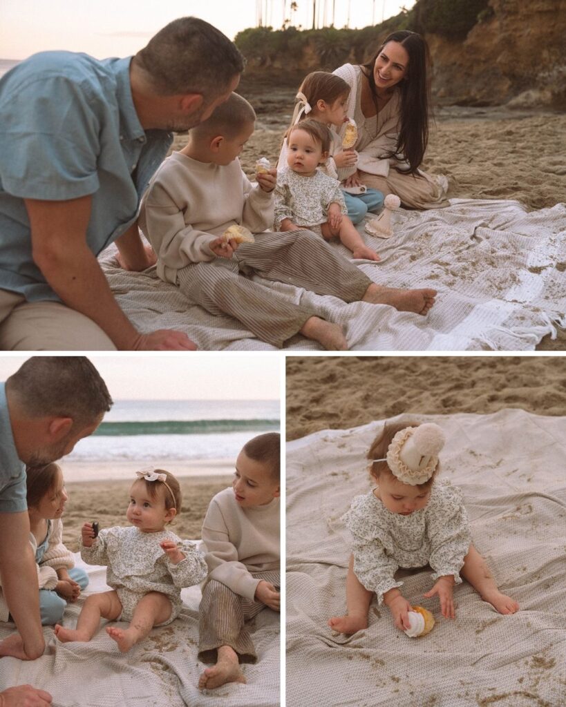 A family enjoying a relaxed picnic on the sand during their Laguna Beach family photos at sunset, captured by Orange County family photographer Maria Alcantara.