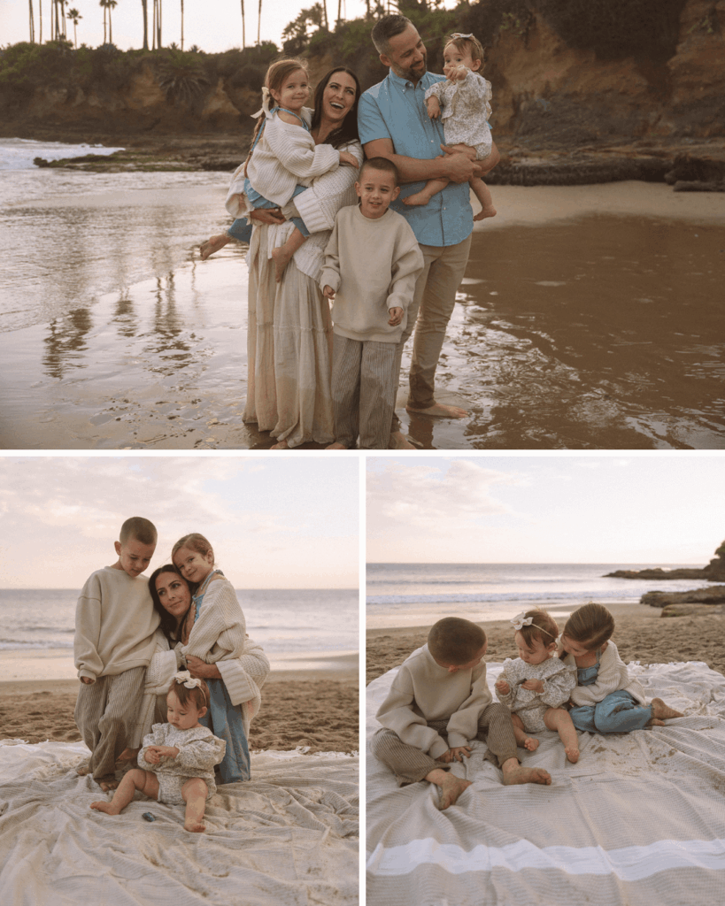 Children laughing and holding hands while walking with their parents during a candid beach session in Laguna Beach.