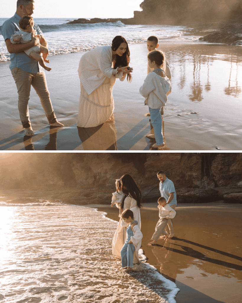 Parents and children exploring seashells together at Shaw’s Cove in Laguna Beach during their family photo session.