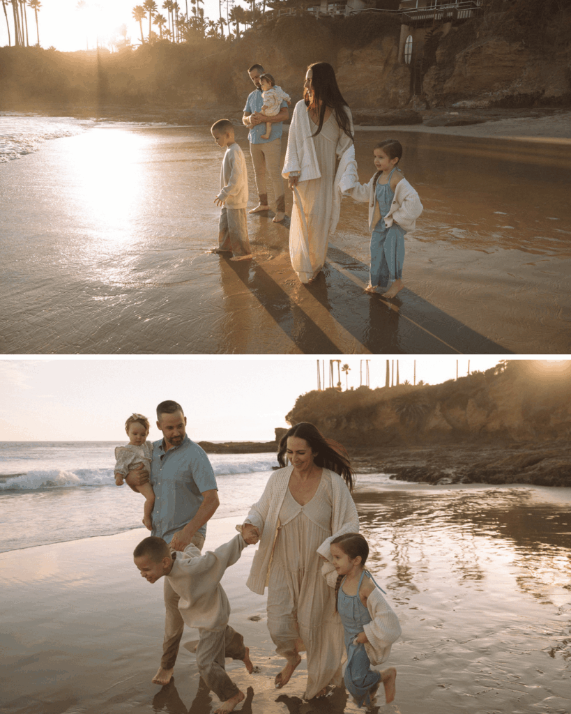 Parents walking barefoot along the water’s edge with their kids during a Southern California family photoshoot.