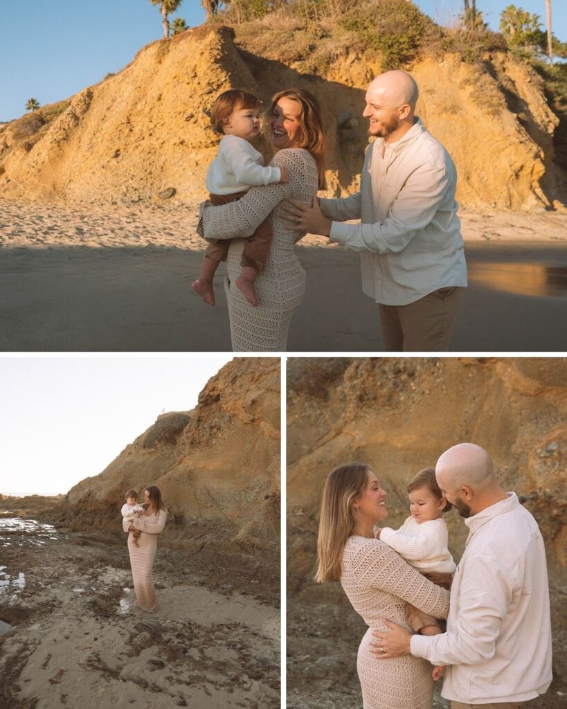 Family walking barefoot along the sand during golden hour in Laguna Beach, captured by Maria Alcantara Photography.