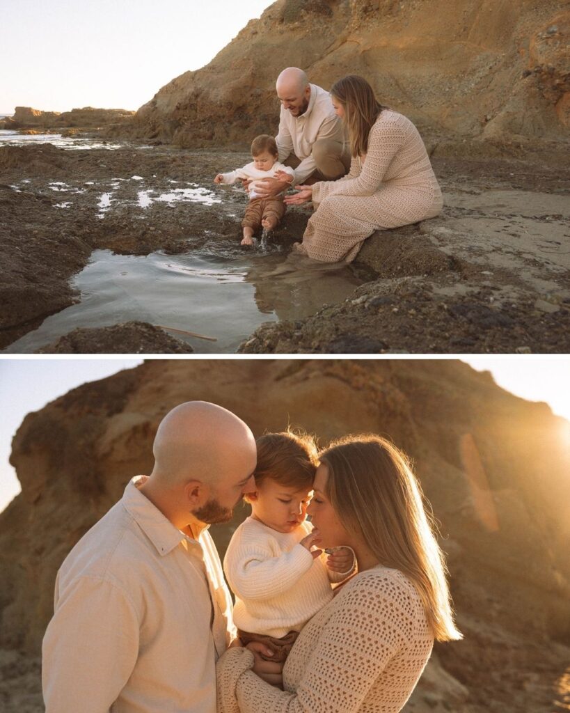 Family exploring the tide pools at Goff Cove in Laguna Beach during their family photo session.