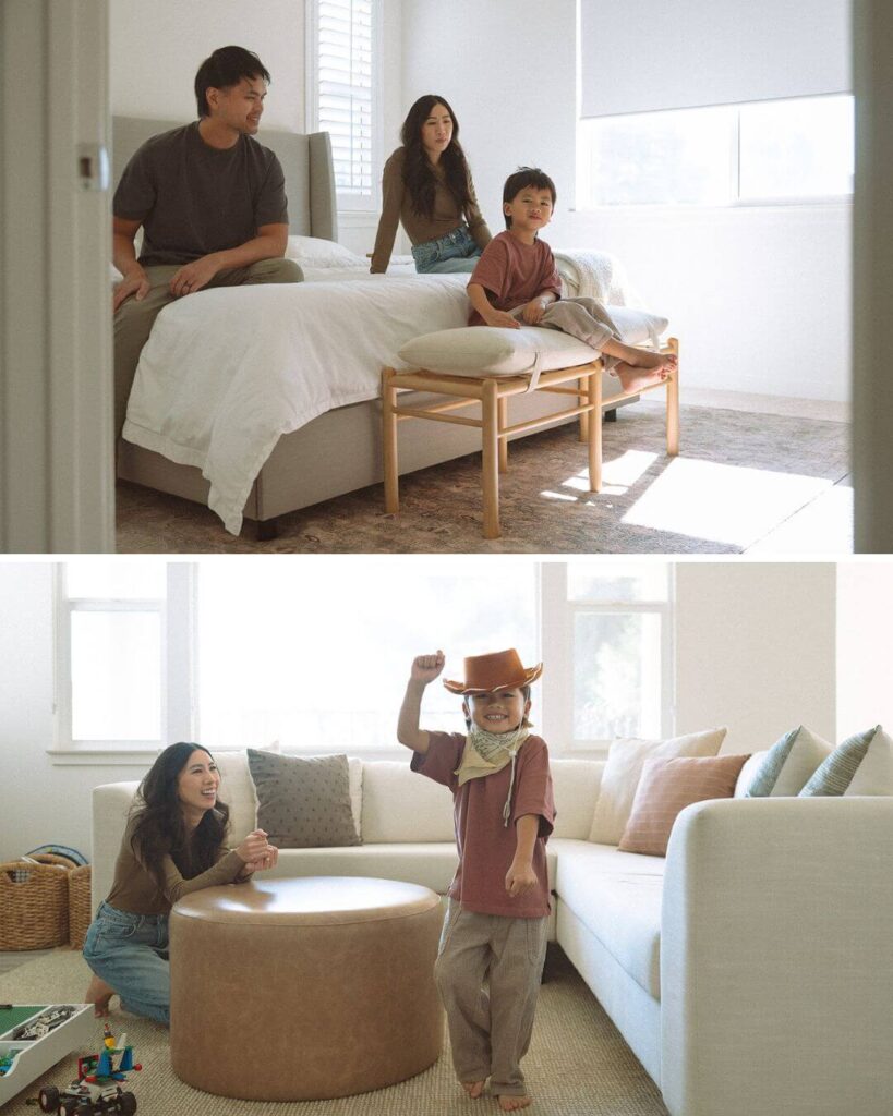 A mom watching her son play dress-up with a cowboy hat in the living room during an at-home Irvine family session.