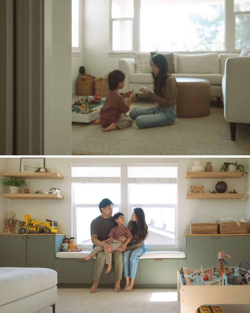 A family sitting together on a window bench in a playroom during a relaxed Irvine at-home family session.
