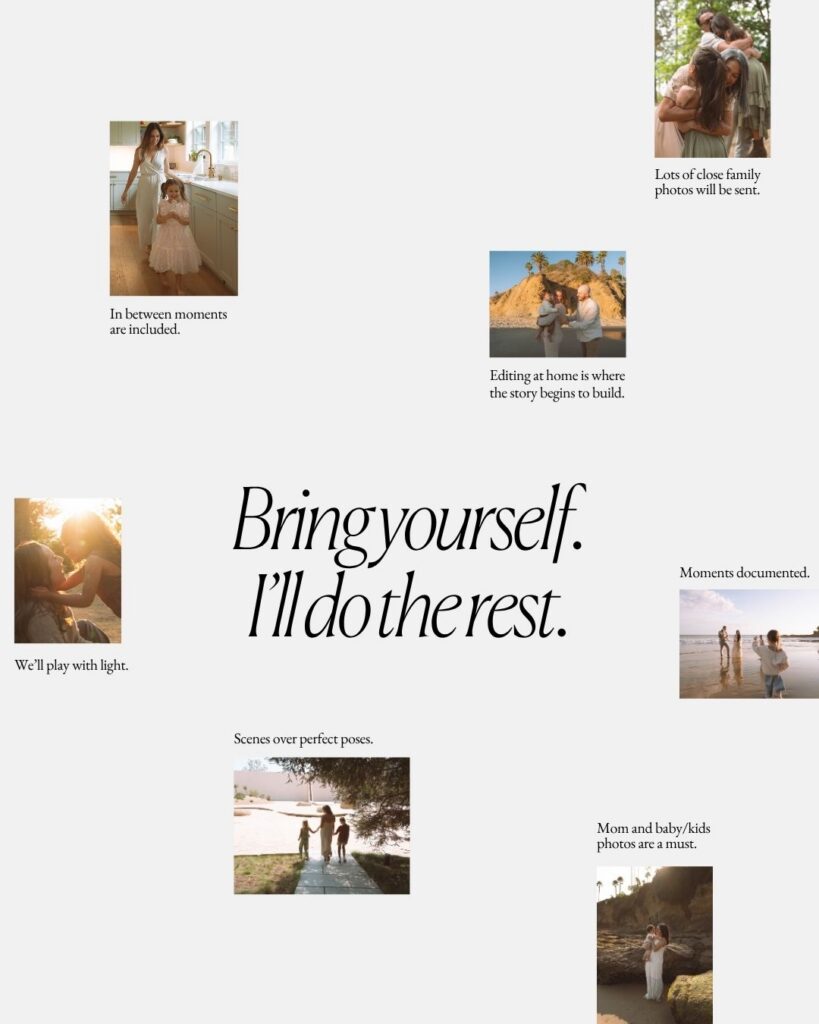 Lifestyle family photography moments including golden hour, in-home and outdoor sessions in Orange County