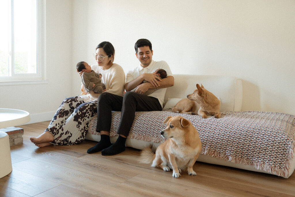 Irvine newborn twin photographer — mom and dad holding newborn twins with two corgis on a white sofa during an in-home lifestyle session in Orange County