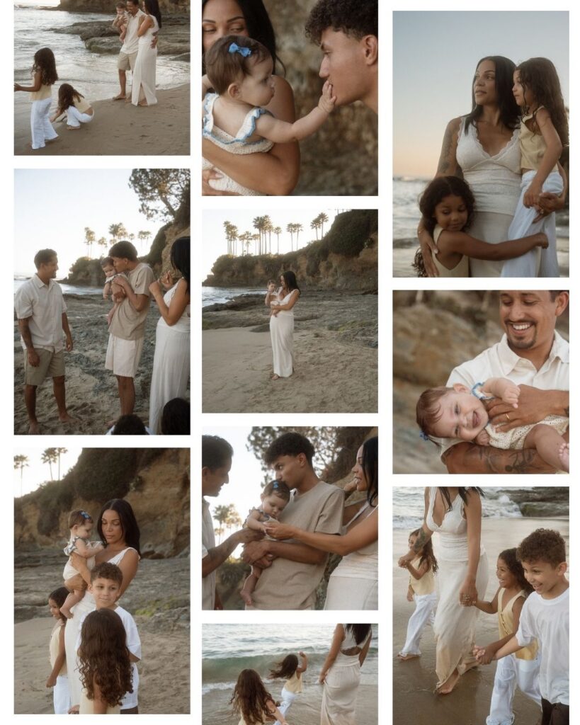 Collage of Laguna Beach family of seven golden hour session