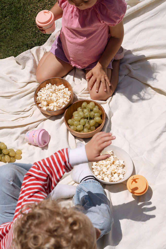 Lifestyle brand imagery: family on blanket with Chino Club cups and snacks for summer campaign