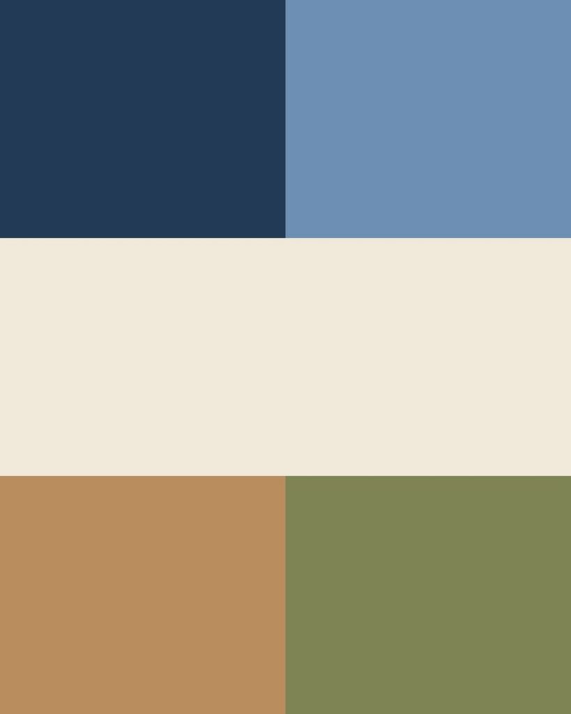 Fall family photo color palette for beach sunsets in Newport Beach: deep navy, soft blue, cream, camel, and moss green.