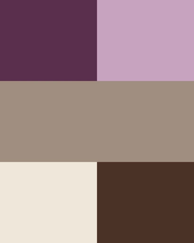 Fall color palette for cozy in-home family photos: plum, soft lilac, taupe, cream, and chocolate brown.