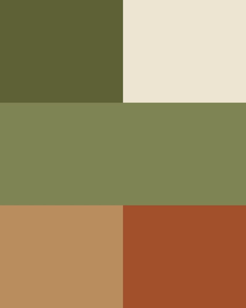 Fall family photo color palette for the beach and grassy bluffs: olive green, ecru, moss, camel, and rust.
