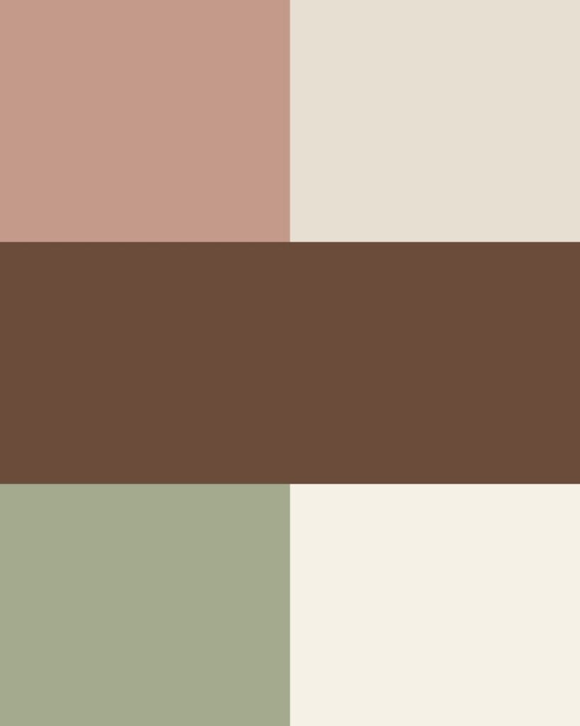 Fall color palette for in-home family photos in bright rooms: muted clay pink, linen, cocoa brown, sage green, and ivory.