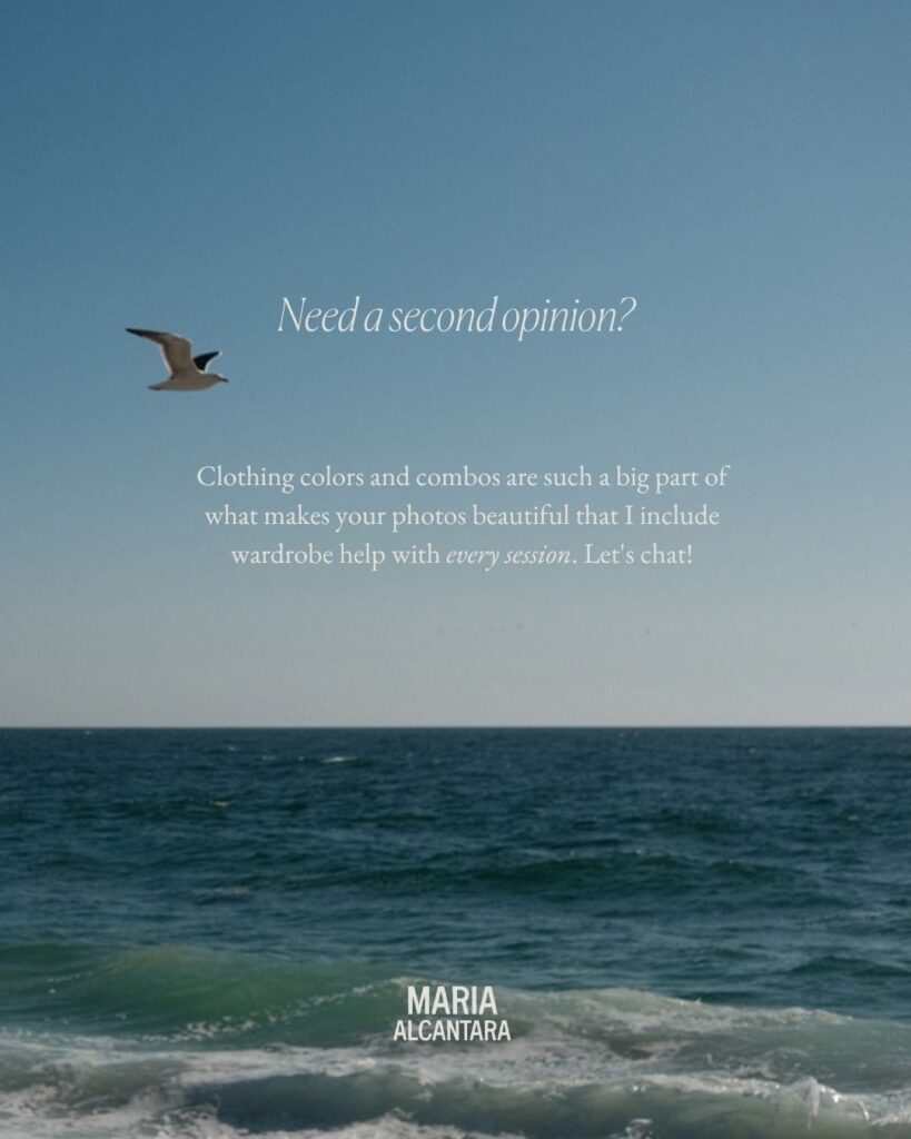 A seagull over the ocean with the text "Need a second opinion? Clothing colors and combos are such a big part of what makes your photos beautiful that I include wardrobe help with every session."